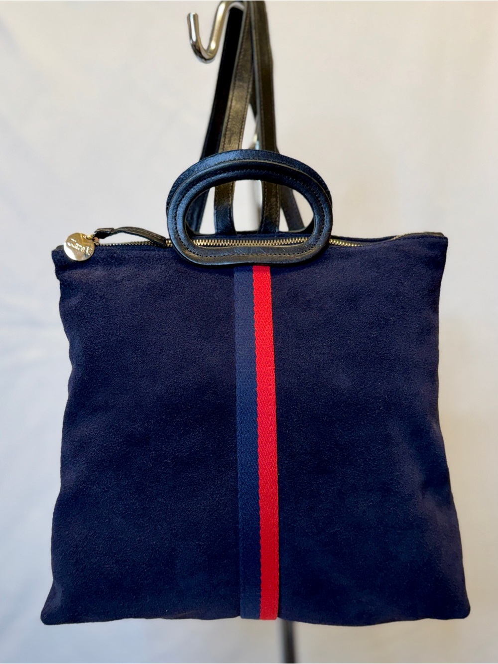 CLARE V Marcelle Navy Blue Suede Red Stripe Black Leather Top Handle Backpack